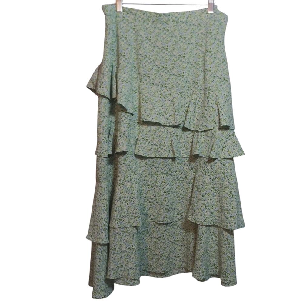 Davi & Dani Green Combo Ruffle Tiered Midi Skirt Cottage Simple Prairie Size 1X